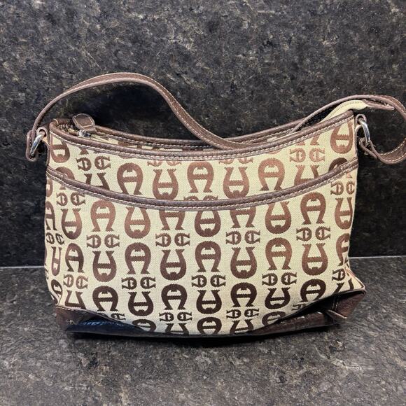 Vintage Etienne Aigner Logo Medium Hand Bag Pockets Canvas Leather Trim - Picture 3 of 8